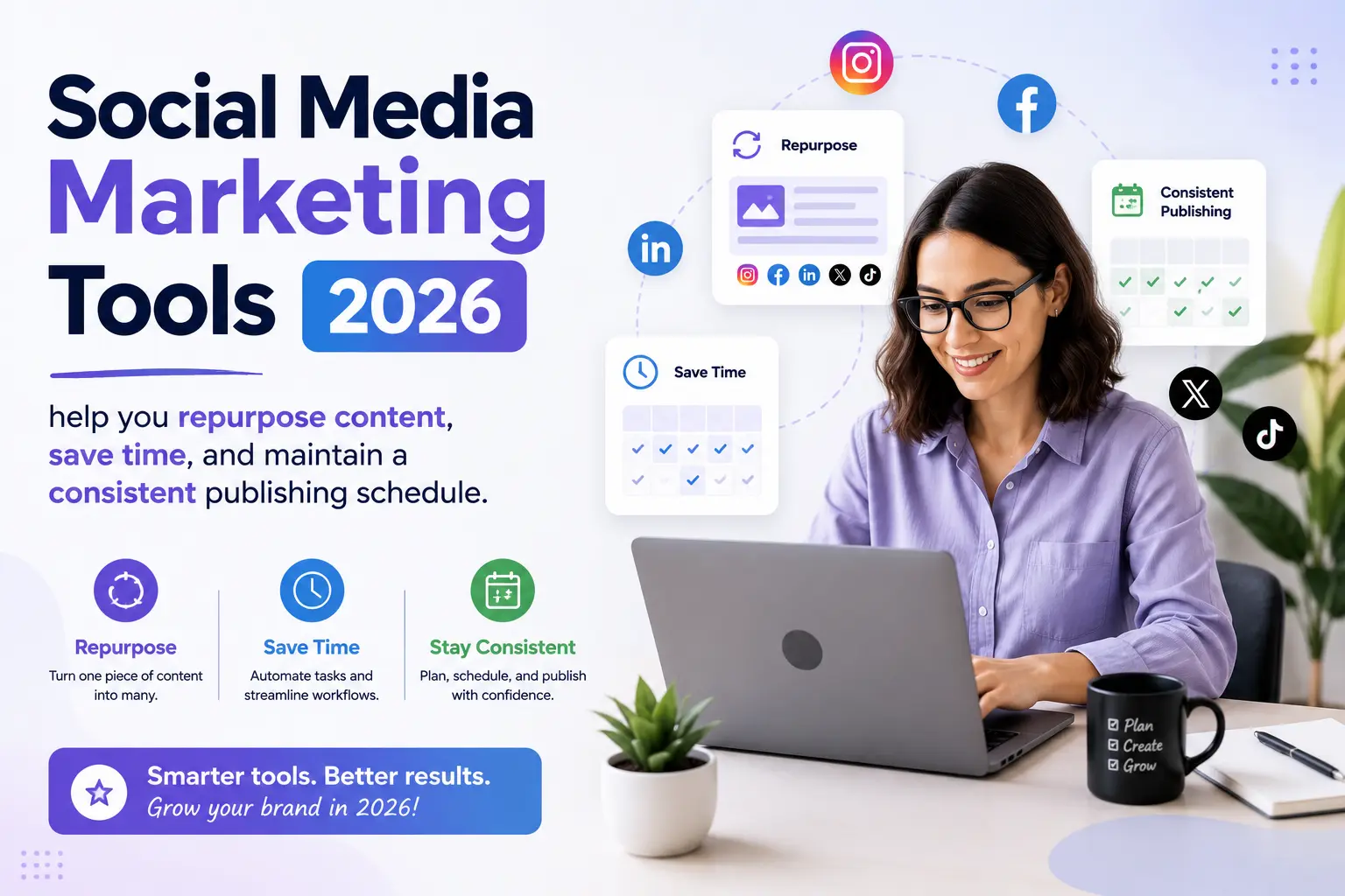 Banner highlighting Social Media Marketing Tools 2026, featuring a marketer using a laptop with visual elements for content repurposing, automated scheduling, time-saving workflows, and consistent publishing across multiple social media platforms.